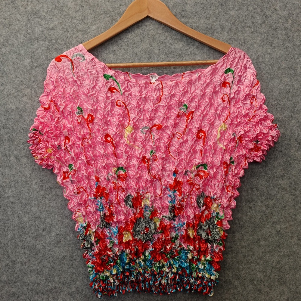Y2K Popcorn Top Womens S L Pink Floral Crinkle Stretch Bubble Shirt 90s Satin FC